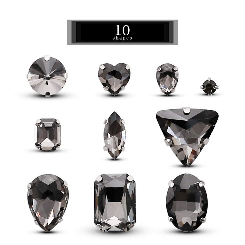 TANOSII Sew on Rhinestones 100 PCS Mixed Shapes Glass Rhinestones Sew on Crystal Gems Mental Flatback with Silver Claw for Jewelry Crafts Clothes Shoes Costume Garment Gray - Image 2